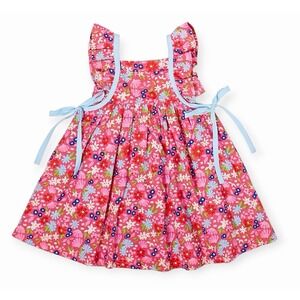 Pink Chicken Floral Kids Dress - Pink and Blue
